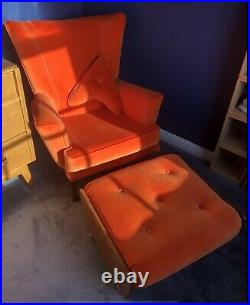 1950s G Plan E Gomme Atomic Orange Velvet Wingback Chair and Footstool