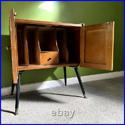 1950s Walnut Atomic Vinyl Record Cabinet, Black Legs, Brass Trim, Mid Century