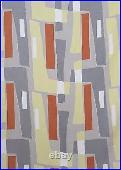 2 large vintage fabric curtains geometric atomic grey yellow red Mid Century 50s
