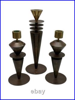 (3) Mid Century Post Modern Art Deco Atomic Brass Candle Holders 8 & 11