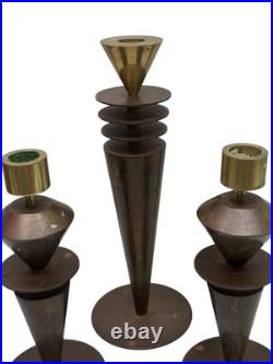 (3) Mid Century Post Modern Art Deco Atomic Brass Candle Holders 8 & 11