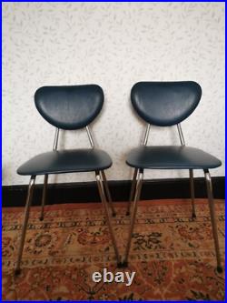 4 x Vintage Retro MCM Atomic Dining Chairs Chrome & Blue Faux Leather SPACE AGE