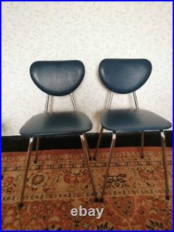 4 x Vintage Retro MCM Atomic Dining Chairs Chrome & Blue Faux Leather SPACE AGE