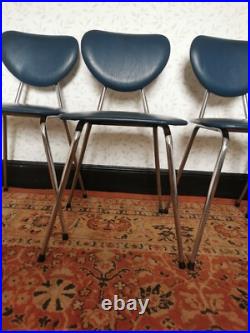 4 x Vintage Retro MCM Atomic Dining Chairs Chrome & Blue Faux Leather SPACE AGE