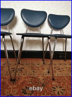 4 x Vintage Retro MCM Atomic Dining Chairs Chrome & Blue Faux Leather SPACE AGE