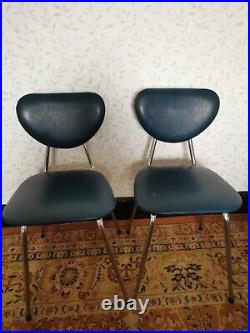 4 x Vintage Retro MCM Atomic Dining Chairs Chrome & Blue Faux Leather SPACE AGE