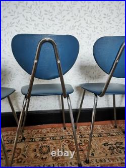 4 x Vintage Retro MCM Atomic Dining Chairs Chrome & Blue Faux Leather SPACE AGE
