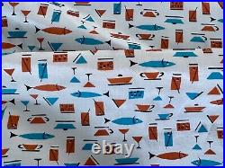 5YDS Mid Century Atomic Fish & Cocktails Vintage Fabric Novelty Barkcloth Era