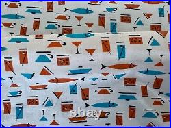 5YDS Mid Century Atomic Fish & Cocktails Vintage Fabric Novelty Barkcloth Era