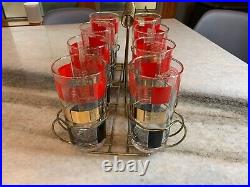 8 Vintage Mid Century Modern MCM ATOMIC Space Age Cocktail Glasses Cup Wire Rack