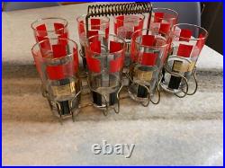 8 Vintage Mid Century Modern MCM ATOMIC Space Age Cocktail Glasses Cup Wire Rack