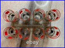 8 Vintage Mid Century Modern MCM ATOMIC Space Age Cocktail Glasses Cup Wire Rack