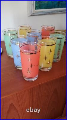 8 Vtg Atomic North Star Drinking Glasses Gold Mid-century Retro Cocktail Barware
