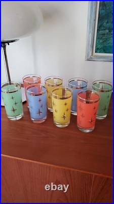 8 Vtg Atomic North Star Drinking Glasses Gold Mid-century Retro Cocktail Barware