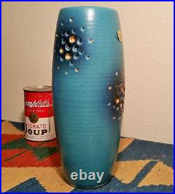 BLUE IKEBANA mcm japanese pottery art vase spaceage vtg gold atomic star cluster