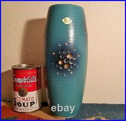 BLUE IKEBANA mcm japanese pottery art vase spaceage vtg gold atomic star cluster