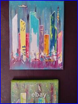 Beautiful Mid-century Style Abstract Cityscape Paintings! Atomic Retro