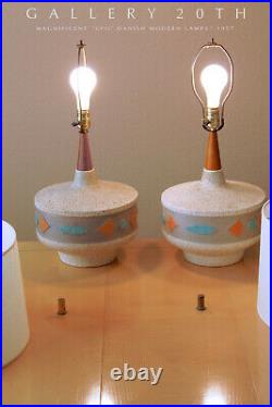 Epic Atomic! Pair MID Century Ufo Danish Modern Table Lamps! Orange Blue Vtg 50s