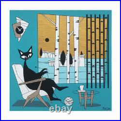 FREE SHIPPING Mid Century Modern Atomic El Gato Cat Original Painting Wall Art