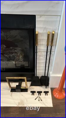 MCM Brass Iron Fireplace Tool Set Atomic Era Mid Century Modern Wall Mount 26