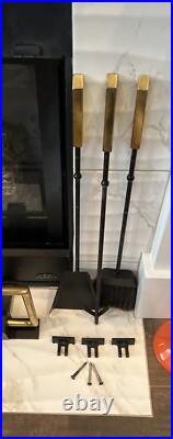 MCM Brass Iron Fireplace Tool Set Atomic Era Mid Century Modern Wall Mount 26