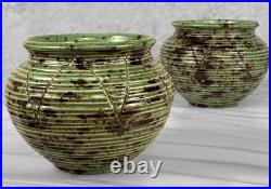 Mid-Century 7 Atomic Green & Black Studio Pottery Vases A Pair