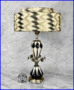 Mid-Century Atomic Black & White Porcelain Argyle Motif Table Lamps A Pair