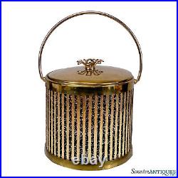 Mid-Century Atomic Gold Striped Round Barware Ice Bucket with Lid