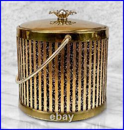 Mid-Century Atomic Gold Striped Round Barware Ice Bucket with Lid