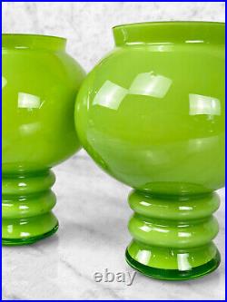 Mid-Century Atomic Green Blown Art Glass Orb Vase A Pair