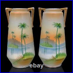 Mid-Century Atomic Japanese Porcelain Palm Tree Motif Bud Vases A Pair Mid-Century Atomic Japanese Porcelain Palm Tree Motif Bud Vases A Pair
