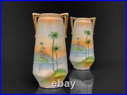Mid-Century Atomic Japanese Porcelain Palm Tree Motif Bud Vases A Pair Mid-Century Atomic Japanese Porcelain Palm Tree Motif Bud Vases A Pair