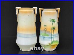 Mid-Century Atomic Japanese Porcelain Palm Tree Motif Bud Vases A Pair Mid-Century Atomic Japanese Porcelain Palm Tree Motif Bud Vases A Pair