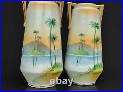 Mid-Century Atomic Japanese Porcelain Palm Tree Motif Bud Vases A Pair Mid-Century Atomic Japanese Porcelain Palm Tree Motif Bud Vases A Pair