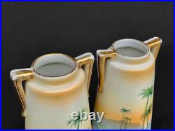 Mid-Century Atomic Japanese Porcelain Palm Tree Motif Bud Vases A Pair Mid-Century Atomic Japanese Porcelain Palm Tree Motif Bud Vases A Pair
