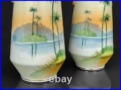 Mid-Century Atomic Japanese Porcelain Palm Tree Motif Bud Vases A Pair Mid-Century Atomic Japanese Porcelain Palm Tree Motif Bud Vases A Pair