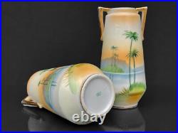 Mid-Century Atomic Japanese Porcelain Palm Tree Motif Bud Vases A Pair Mid-Century Atomic Japanese Porcelain Palm Tree Motif Bud Vases A Pair