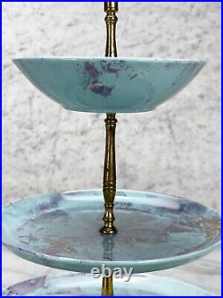 Mid-Century Atomic Marbled Turquoise 3-Tier Serving Platter Centerpiece