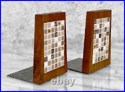 Mid-Century Atomic Mosaic Tile & Teak Library Bookends A Pair