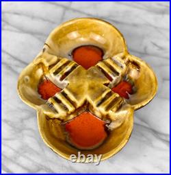 Mid-Century Atomic Orange & Gold Porcelain Sculpted Clover Cigar Ashtray