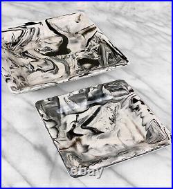 Mid-Century Atomic Porcelain Black & White Marbled Serving Dishes A Pair