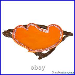 Mid-Century Atomic Porcelain Orange Wood Centerpiece Serving Platter