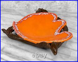 Mid-Century Atomic Porcelain Orange Wood Centerpiece Serving Platter