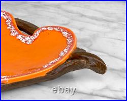 Mid-Century Atomic Porcelain Orange Wood Centerpiece Serving Platter