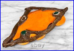 Mid-Century Atomic Porcelain Orange Wood Centerpiece Serving Platter