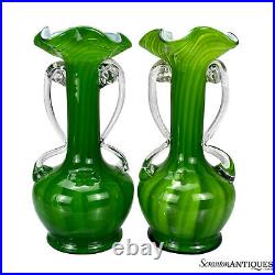 Mid-Century Atomic Sculpted Spiraled Green Art Glass Vases A Pair