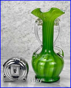 Mid-Century Atomic Sculpted Spiraled Green Art Glass Vases A Pair