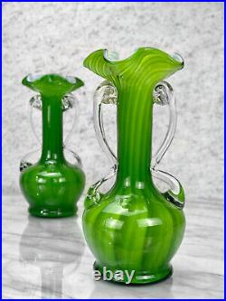 Mid-Century Atomic Sculpted Spiraled Green Art Glass Vases A Pair