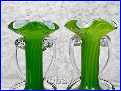 Mid-Century Atomic Sculpted Spiraled Green Art Glass Vases A Pair