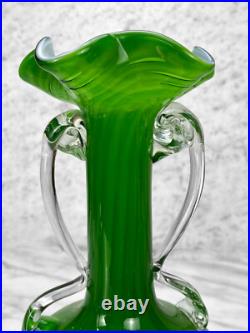 Mid-Century Atomic Sculpted Spiraled Green Art Glass Vases A Pair